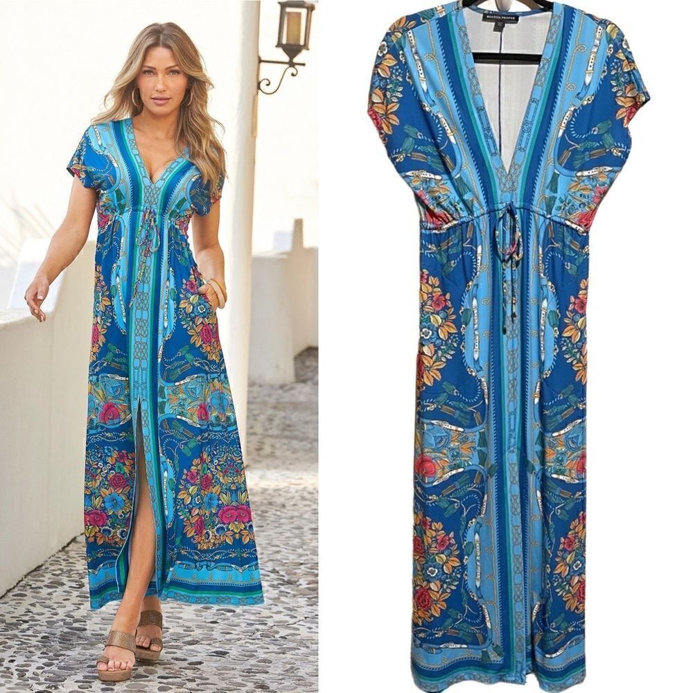 Boston Proper- Women’s Border Scarf Print Blue Floral Maxi Dress, Size Small